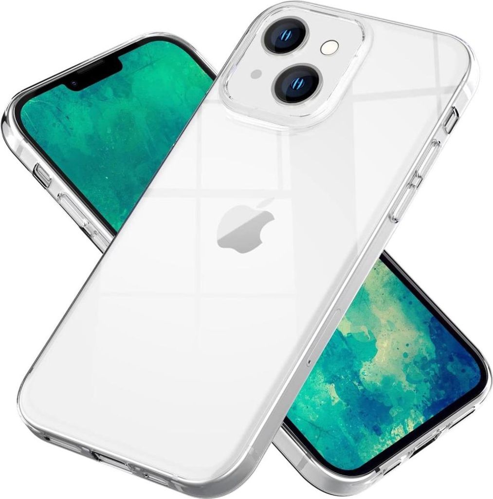 A clear iPhone case is shown with two iPhones inside, one angled in the foreground and another in the background.