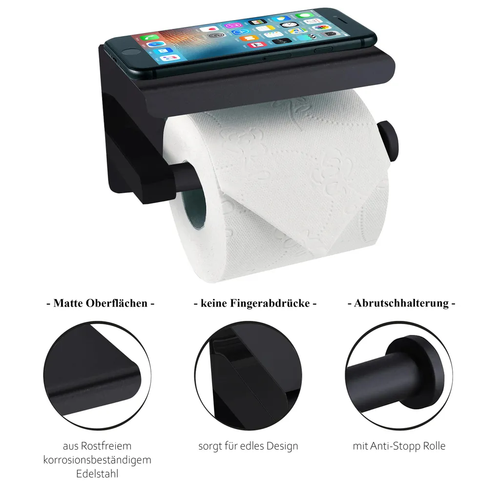 Support papier WC mural noir mat avec étagère pour smartphone