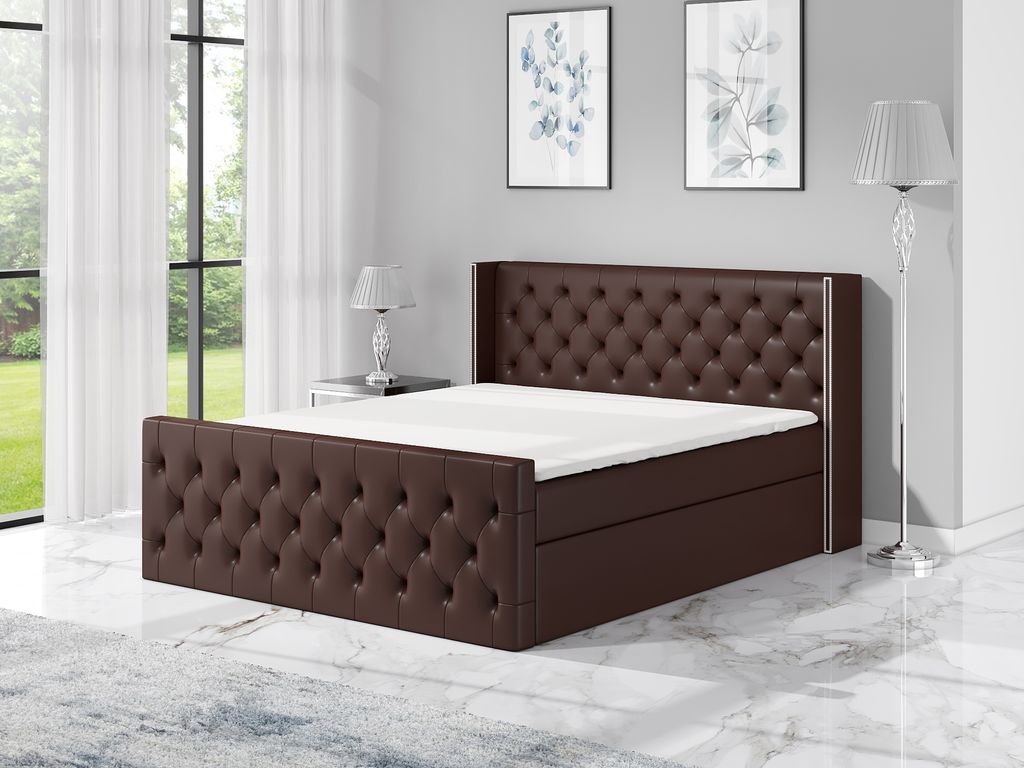Boxspringbett BOKO 140x200 mit 2 Bettkästen, Bonell-Matratze und Topper. Dekorative Stifte an den Seiten der Kopfstütze. Bett Komplett-Set mit Ma...