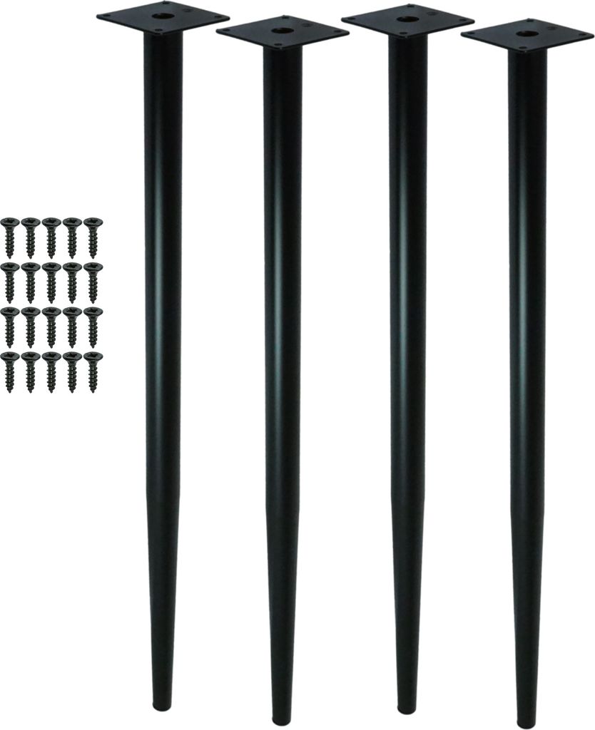 Four black metal table legs and a set of screws are arranged on a white background.