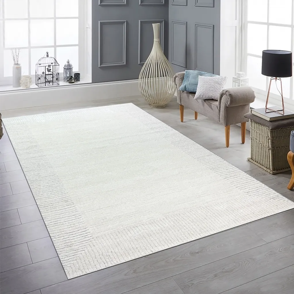 Tapis doux à motifs traits 3D crème gris idéal pour décoration moderne