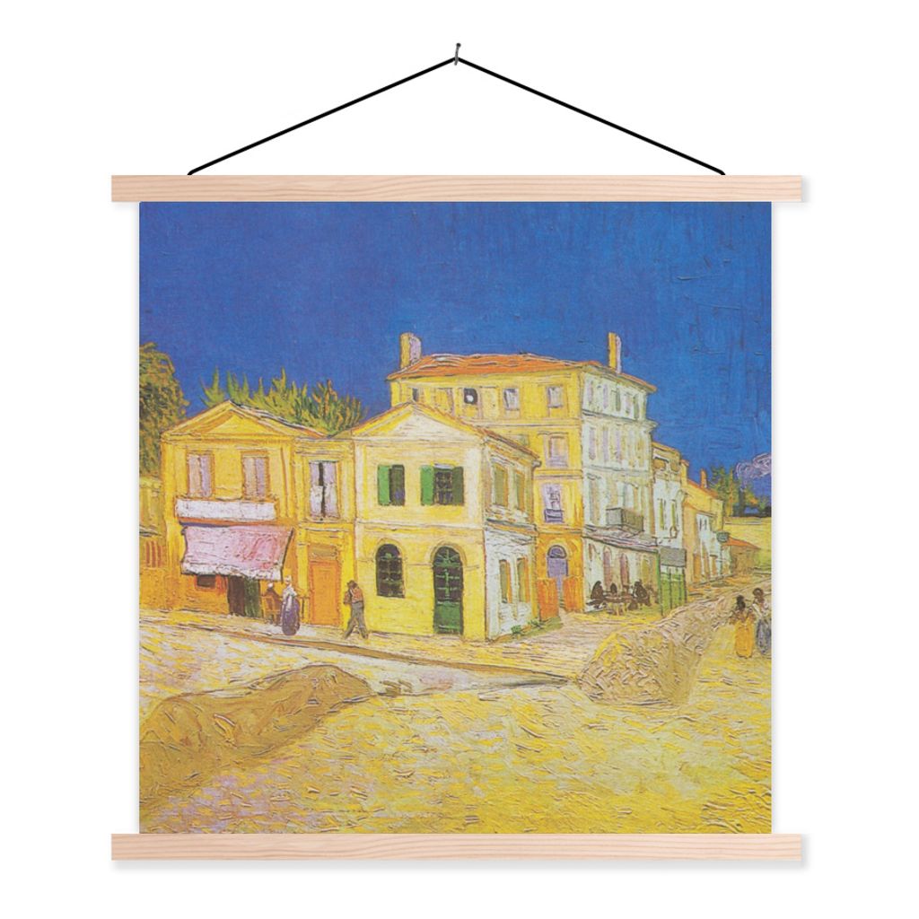 MuchoWow Textilposter Das gelbe Haus - Vincent van Gogh 120x120 cm mit holzfarbenen Rahmen - Textil-Poster