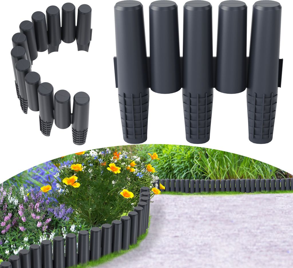 LARS360 30 stück 8,4m Holzoptik Beeteinfassung Kunststoff Rasenkante Gartenumrandung Zylinderform Palisade Garten - -28cm x 24cm Anthrazit