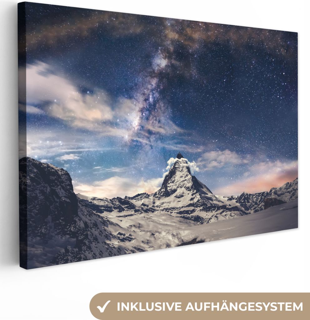 OneMillionCanvasses - Leinwandbilder - 150x100 cm, Matterhorn und Sternenhimmel bei Zermatt Schweiz, Wandbilder Kunstdruck Wanddekoration