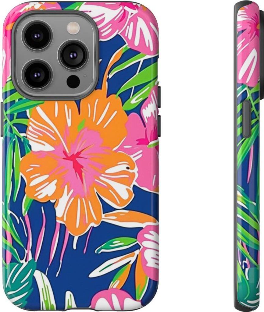 Strahlendes tropisches Blumenmuster – Hülle Kompatibel mit iPhone 14 Pro
