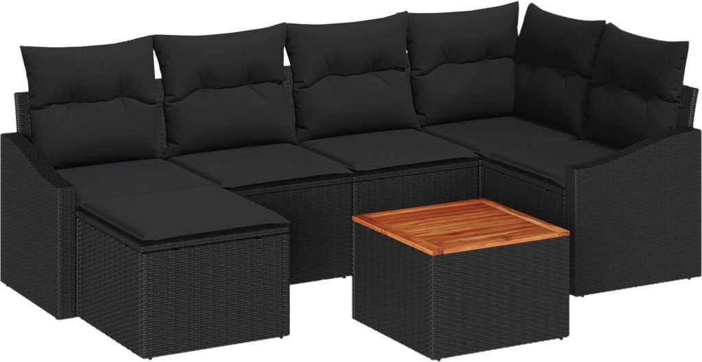 Möbel 7-teiliges Garten Sofa Set mit Kissen Schwarz Poly Rattan Akazie - Gartensofas 3347856