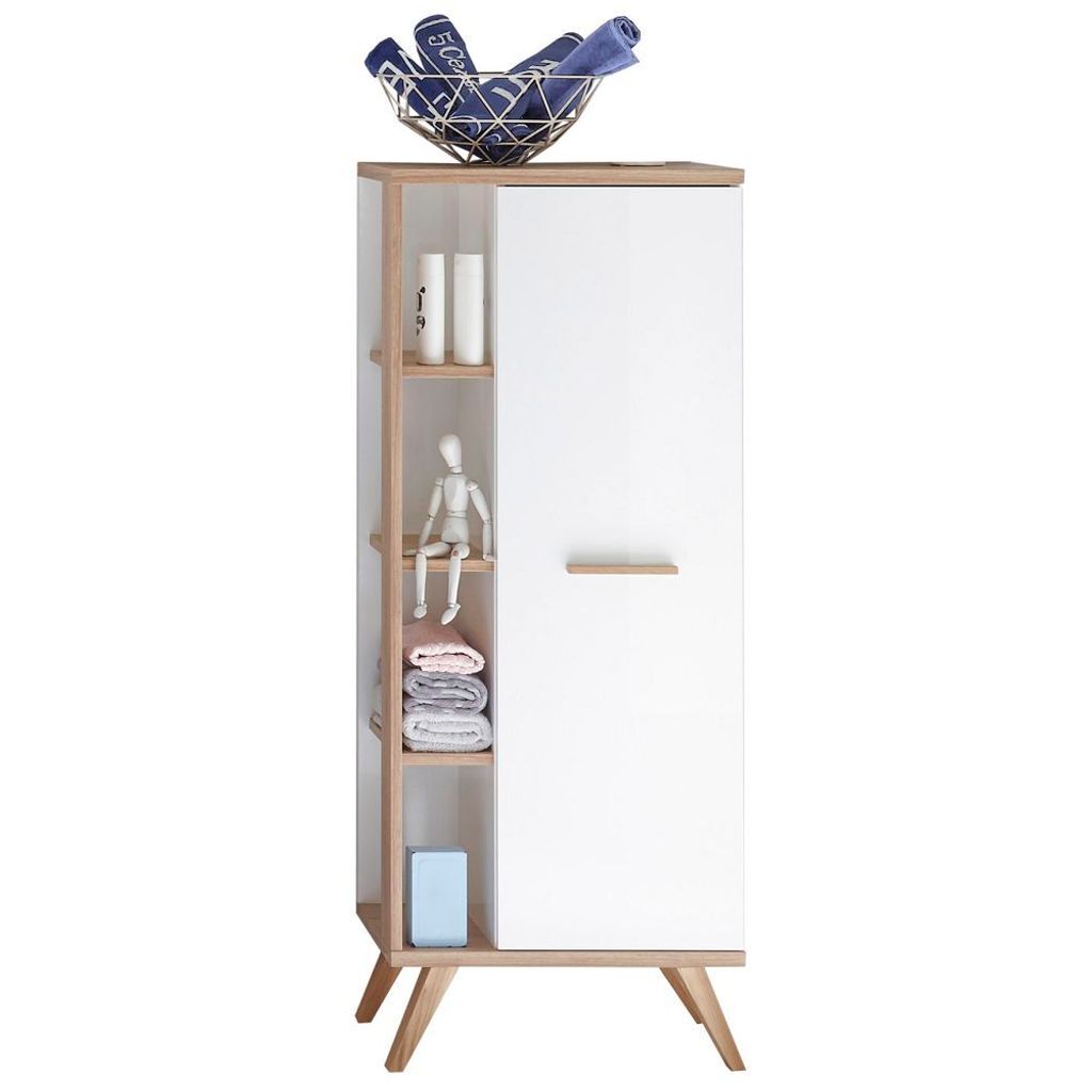 Badezimmer Midischrank MALANJE-66 in weiß glänzend & Riviera Eiche quer Nb. - B/H/T: 50,5/128/33cm