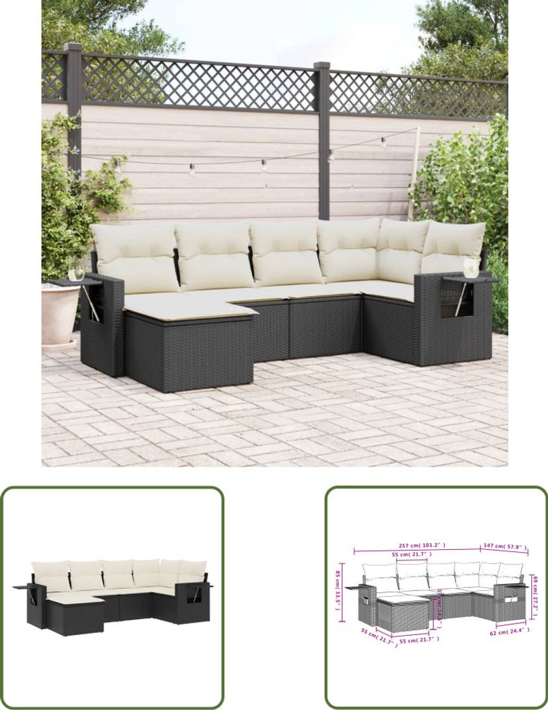 The Living Store 6-tlg. Garten-Sofagarnitur mit Kissen Schwarz Poly Rattan