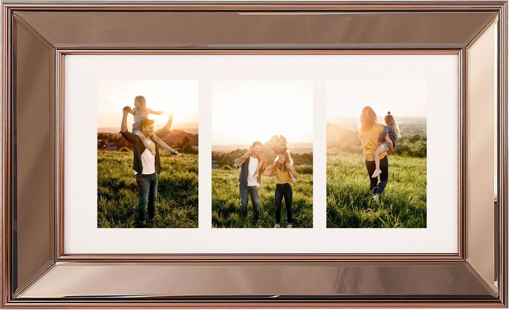 A multi-photo frame displaying three images of families in an outdoor setting.