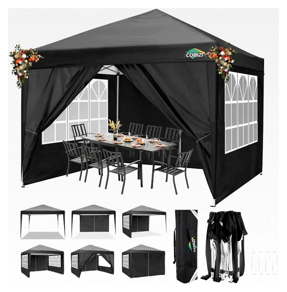 Faltpavillon 3x3 Wasserdicht Stabil Winterfest mit 8 Heringen und 4 Windseilen, UV-Schutz 50+, Hochdichte Plane, Partyzelt Schwarz