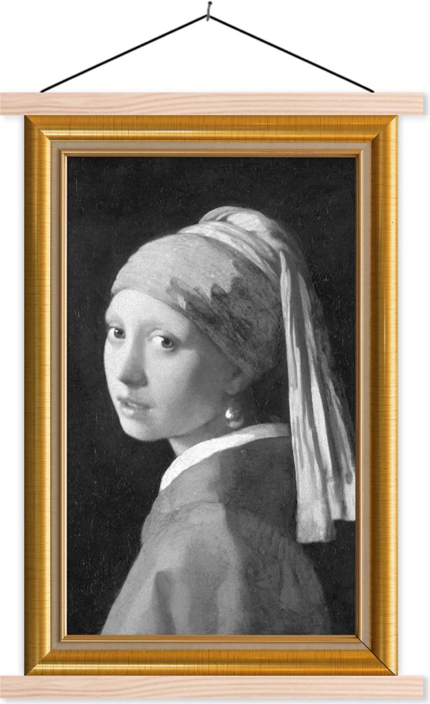 MuchoWow Textilposter Mädchen mit einem Perlenohrring - Vermeer - Liste - Gold 40x60 cm mit holzfarbenen Rahmen - Poster