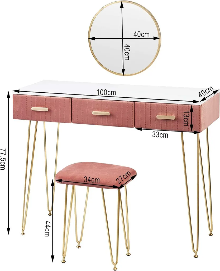 Table de Maquillage avec Miroir et Tiroirs - Meuble Coiffeuse Rose