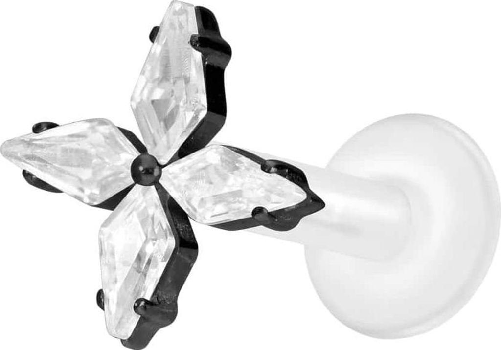 Ohrpiercing, Nasenpiercing PTFE Labret mit Innengewinde + Titan-Aufsatz KRISTALLSTERN Schwarz Stablänge: 7mm | Stabstärke: 1,6mm