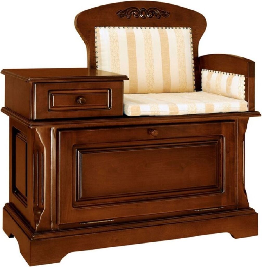 Casa Padrino Luxus Barock Telefonbank Braun / Weiß / Gold - Handgefertigter Barockstil Massivholz Flurschrank mit Sitzbank - Barock Möbel