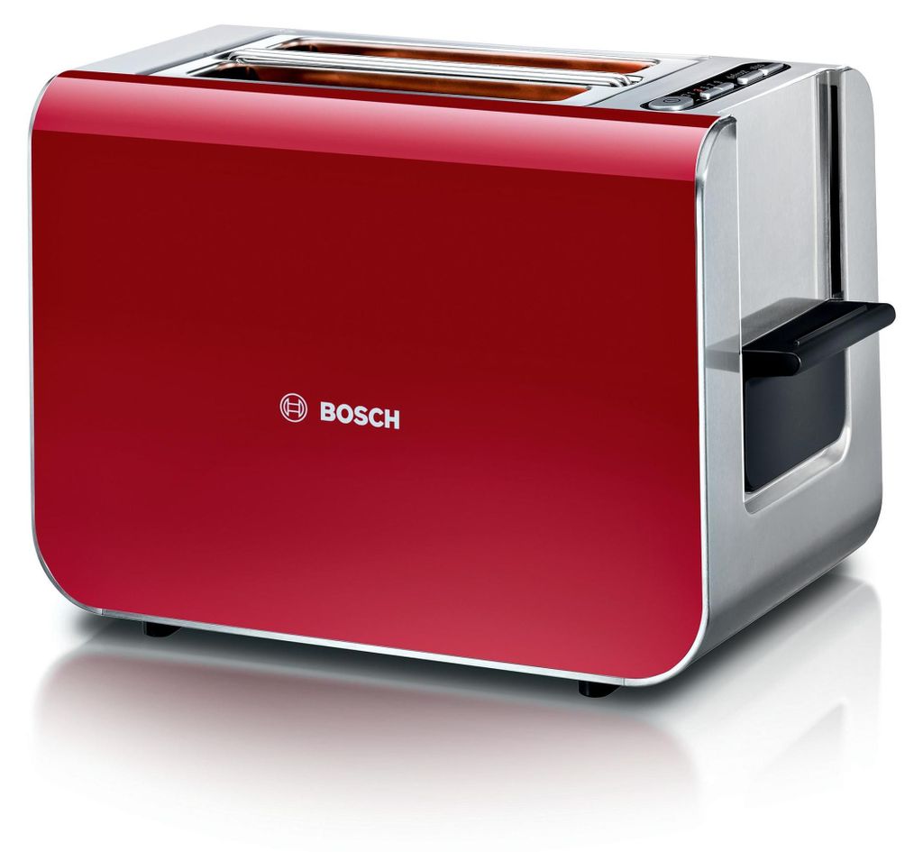A red and silver Bosch toaster is shown against a white background.