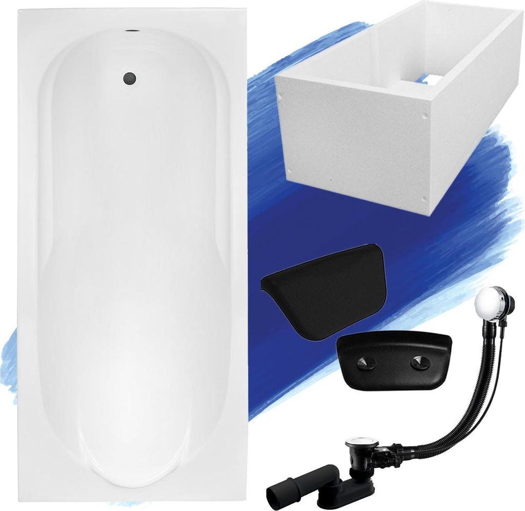 Badewanne Rechteck Set 5in1 180x80 mit Premium Ablaufgarnitur und Füßen GRATIS + Wannenträger + Kopfstütze in Schwarz | BADLAND BONA