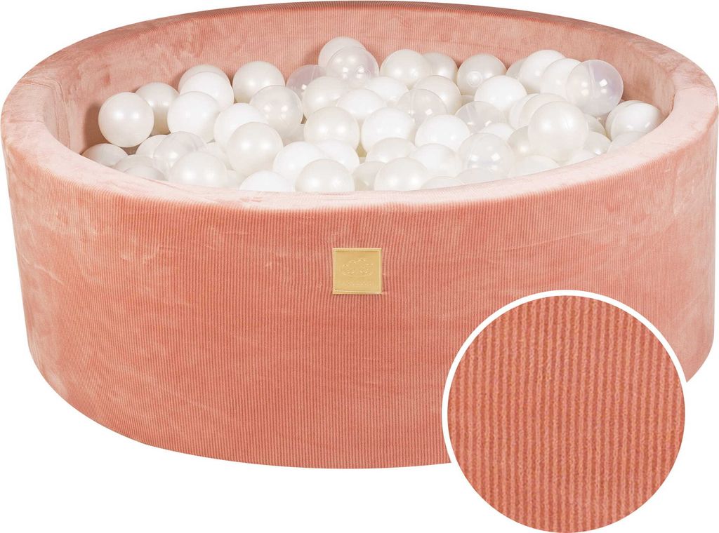 MeowBaby Runder Ballpool mit Bällen 7 cm für ein Kind, 90x30 cm/200 Bälle, Cord-Cord-Velours, Aprikose: weiß/weiß perlmutt/transparent