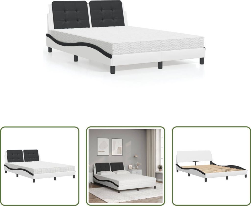 The Living Store Bett mit Matratze Weiß und Schwarz 120x200 cm Kunstleder
