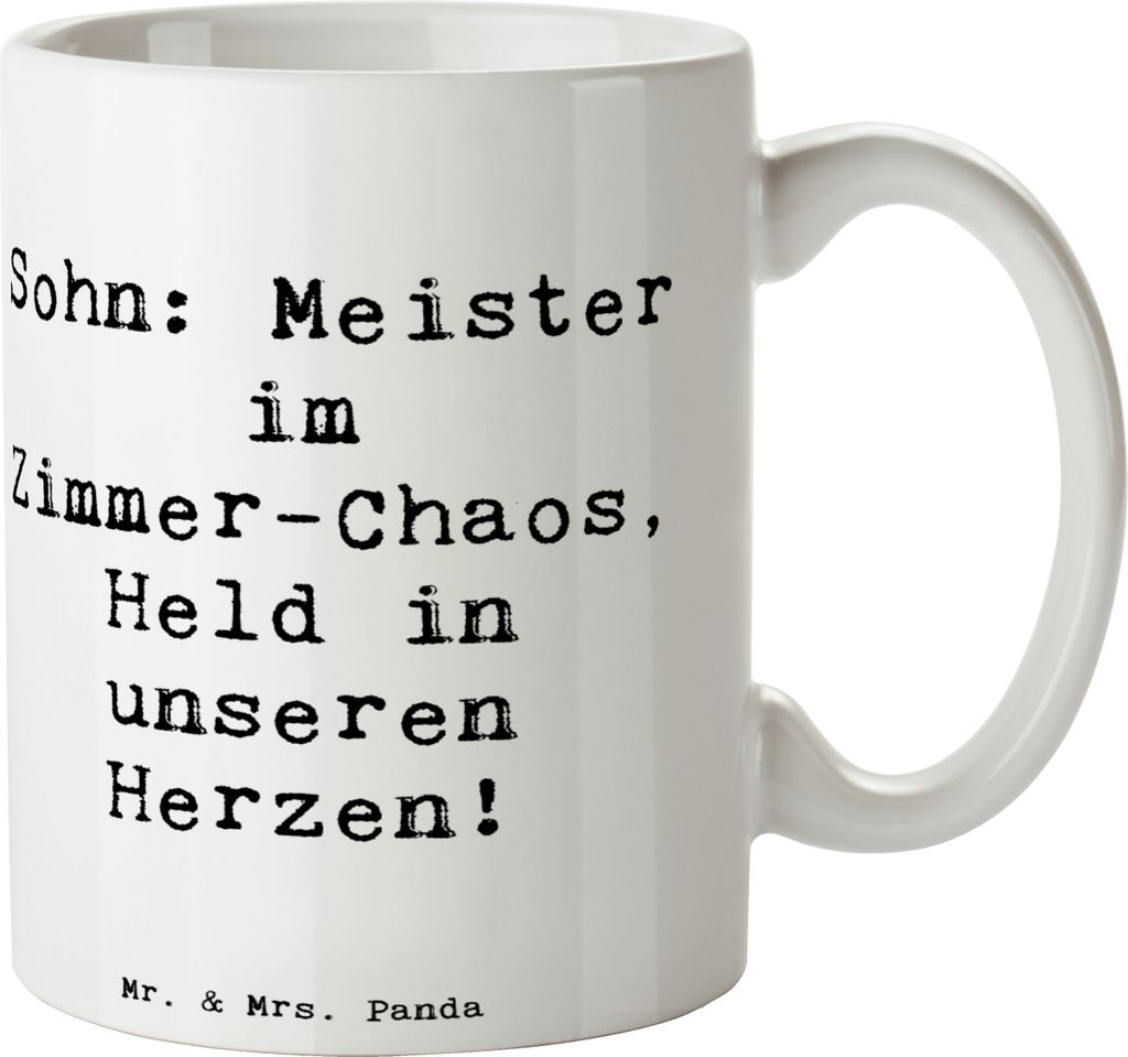Mr. & Mrs. Panda Kaffeetasse Spruch Sohn Chaosheld - Weiß - Geschenk, Wertschätzung, keramik, Tasse, Eltern, Jubiläen, persönliche Erinnerungen...