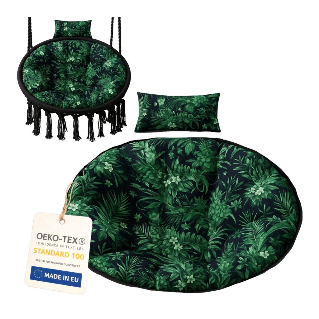 Hängesessel Kissen 100 cm, rundes Hängekorb Kissen für Hängeschaukel, Polyrattan und Rattan Hängesessel, Sitz- und Rückenkissen, grüne Blätter