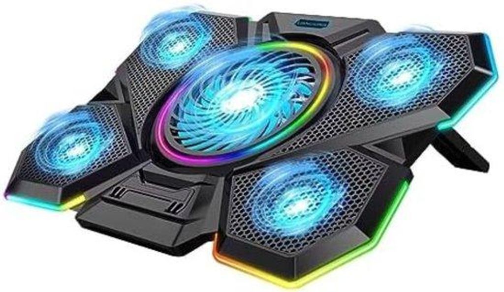 Laptop-Kühler Schwarz für 12-17 Zoll Notebooks, RGB, 5 Ventilatoren, verstellbare Geschwindigkeit, USB-Hub