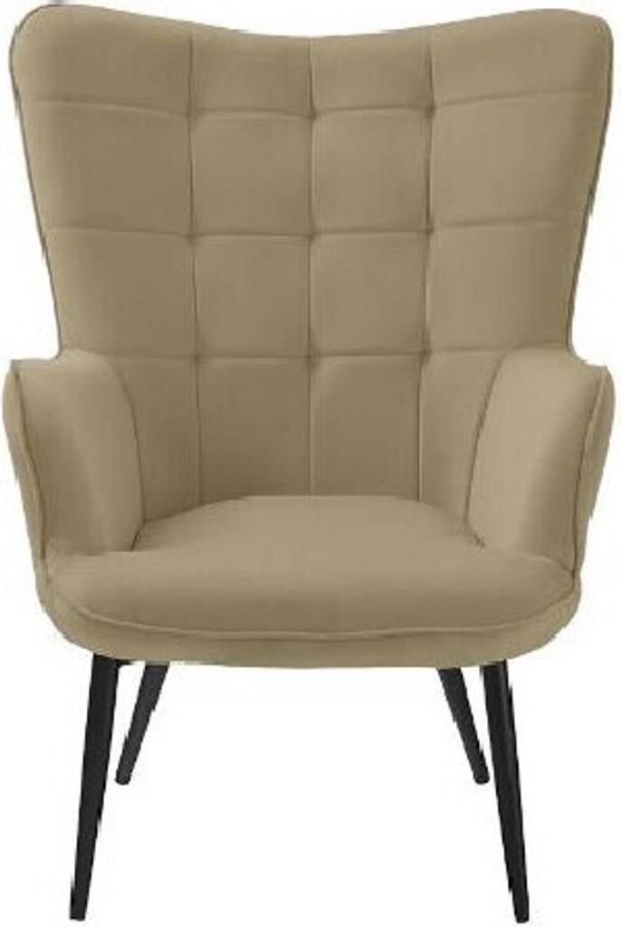 A studio shot of a beige armchair.
