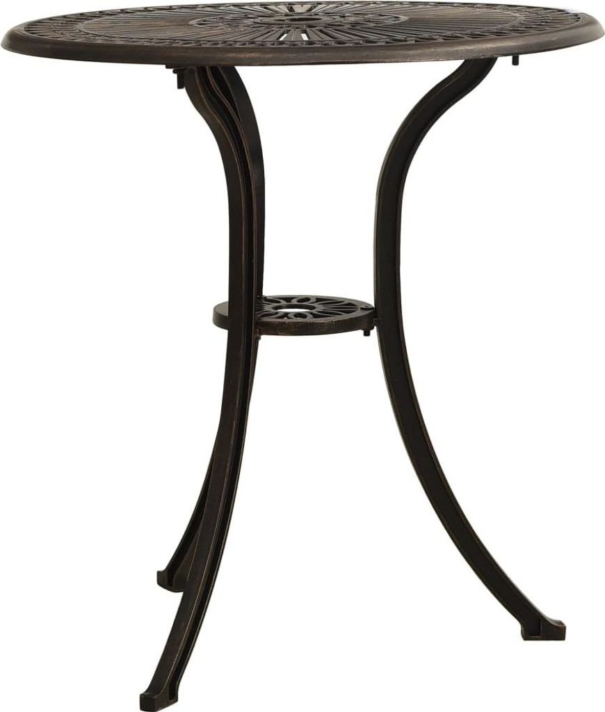 A bronze-colored round garden table with a decorative top and a pedestal base.