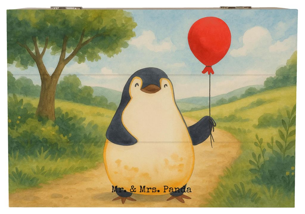 Mr. & Mrs. Panda Truhe Pinguin Luftballon Design 22 x 15 cm - Weiß - Geschenk, Geschenkidee, Holzkiste, Jahrmarkt, fotobox, Kirmes, Box aus Holz, ...