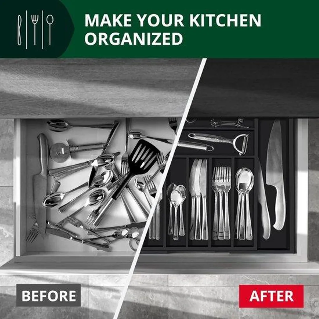 Range-couverts noir pour tiroir de cuisine avec séparateurs modulables