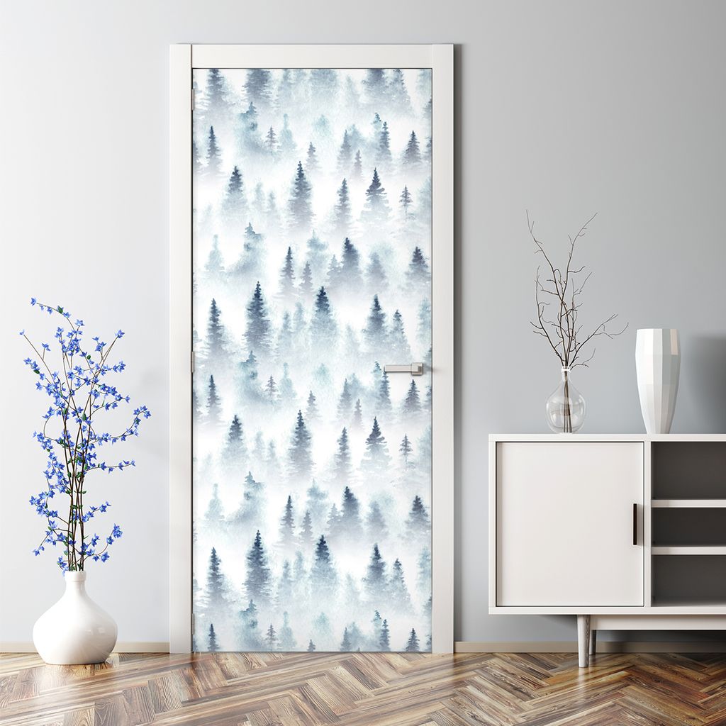 Dekorative Türtapete selbstklebend Klebefolie Türposter Nebliger Wald blau 85 x 200 cm