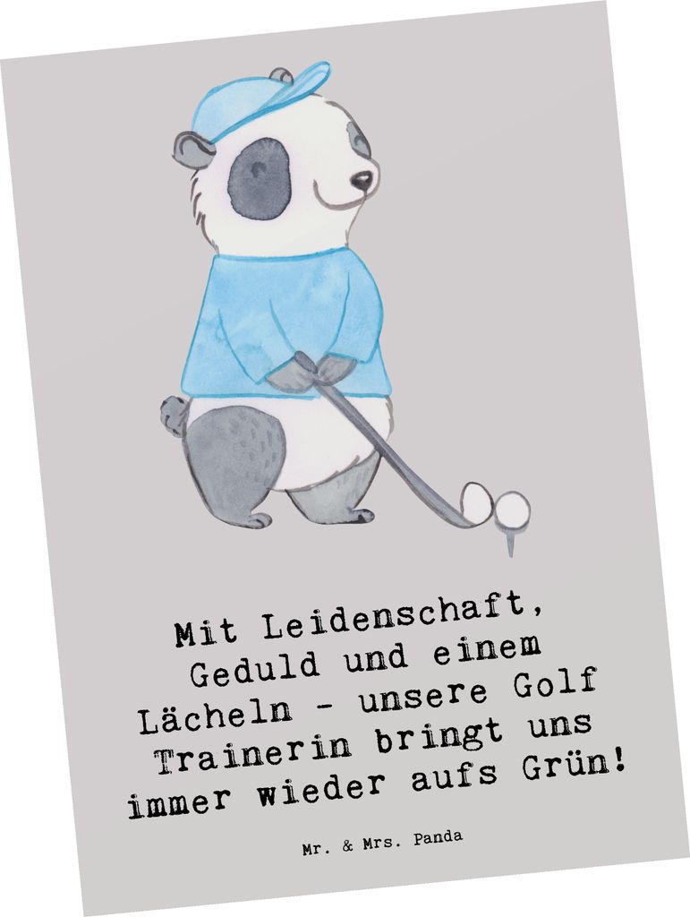 Mr. & Mrs. Panda Ansichtskarte Golf Trainerin Leidenschaft - Grau Pastell - Geschenk, Geduld, Grußkarte, Postkarte, Ansichtskarten, Dankbarkeit, F...