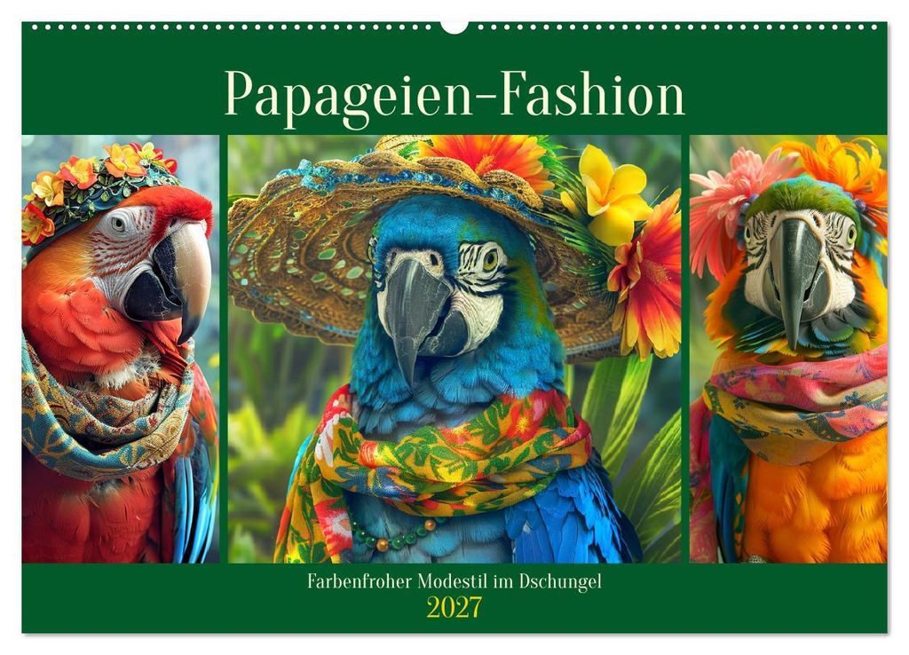 Papageien-Fashion. Farbenfroher Modestil im Dschungel (Wandkalender 2027 DIN A2 quer), CALVENDO Monatskalender