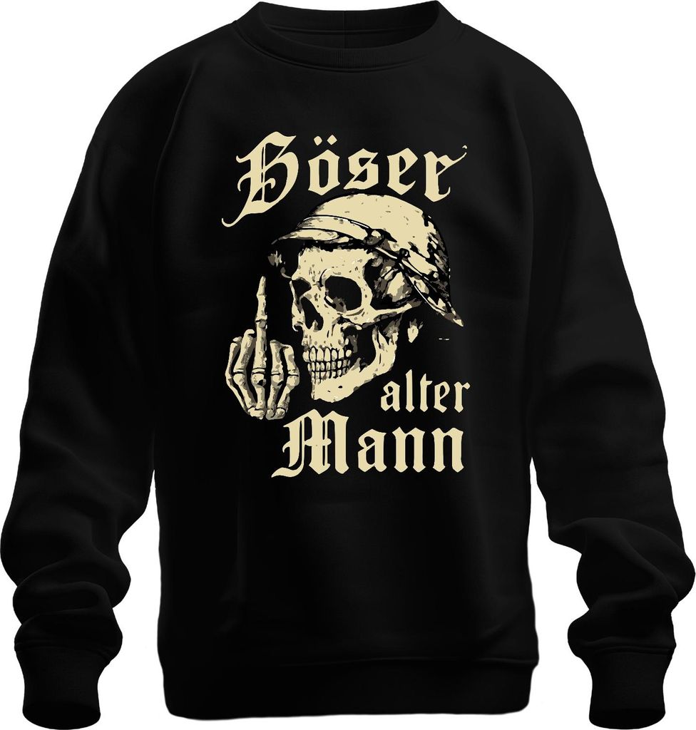 Totenkopf Skeletthand Mittelfinger Biker Rocker Böser alter Mann Uni Sweatshirt Pullover, Schwarz, L