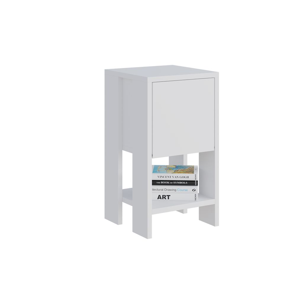 A white modern nightstand with a drawer and an open shelf displaying books.