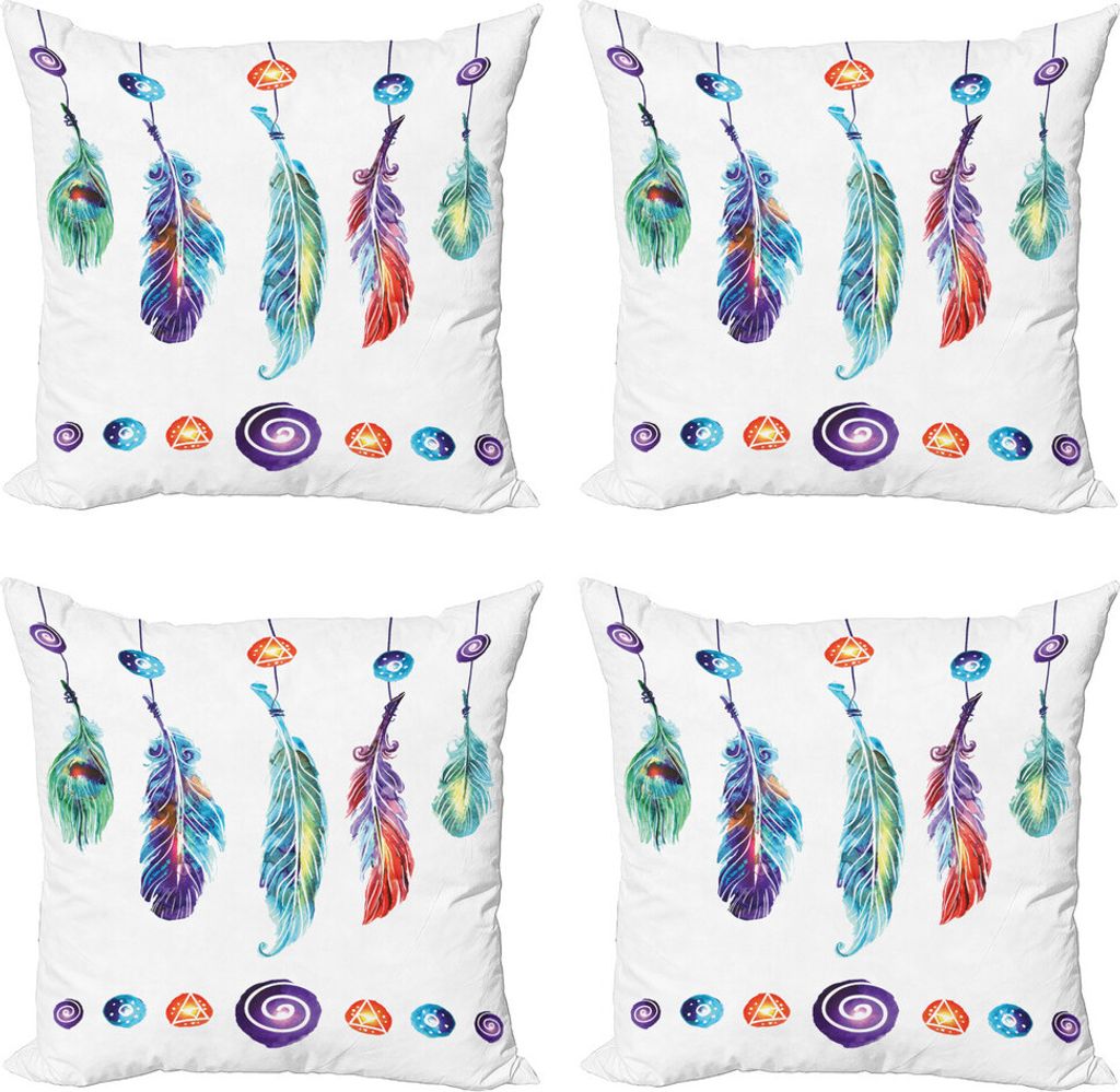 ABAKUHAUS Boho Kissenbezug Set (4 Stück), Feder-Hippie, Moderner Doppelseitiger Digitaldruck, 40 cm x 40 cm, Mehrfarbig