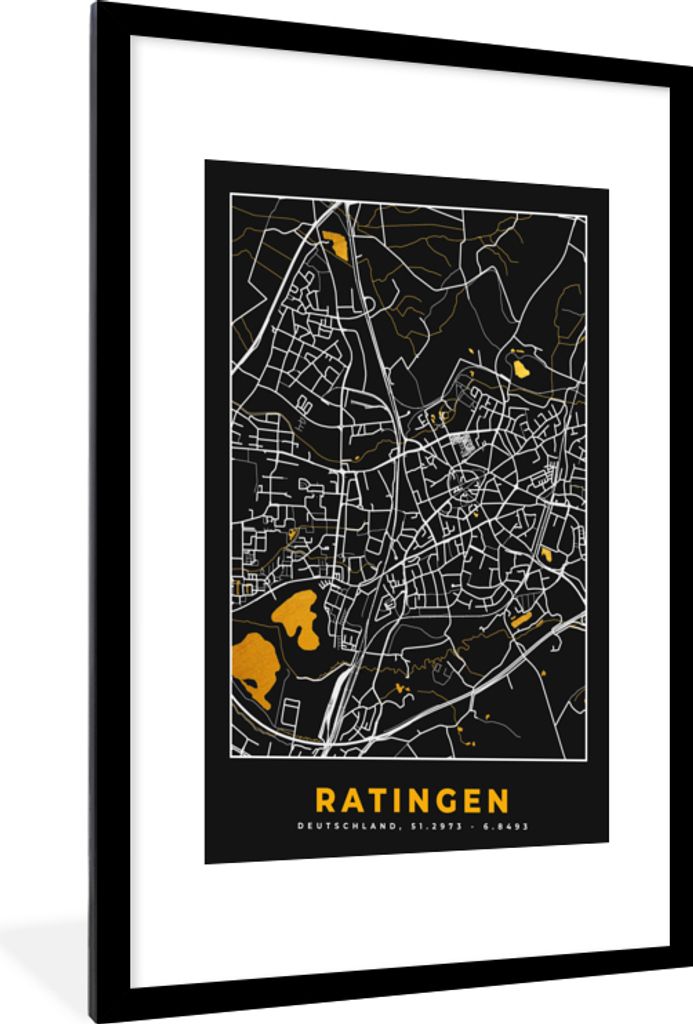 MuchoWow Gerahmtes Poster Schwarz und Gold - Stadtplan - Ratingen - Deutschland - Karte 60x90 cm - Poster mit Schwarzem Bilderrahmen Wandposter R...