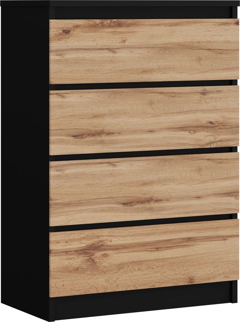 A chest of drawers with a wood-effect front and black sides, shown from the front.