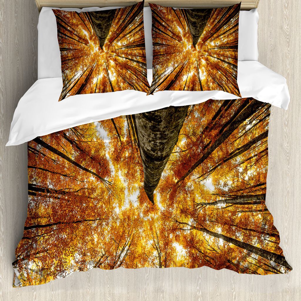 ABAKUHAUS Wald Bettbezug, Kanadischer Ahorn Idylle, Milbensicher Allergiker geeignet mit Kissenbezügen, 200 cm x 200 cm - 80 x 80 cm, Orange Braun