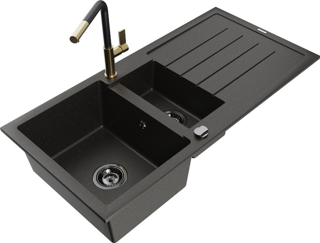 Mexen Andres 1,5-Becken-Granitspüle mit Abtropffläche und Mischbatterie Flora, Schwarz/gold - 6515-75-670401-57-B