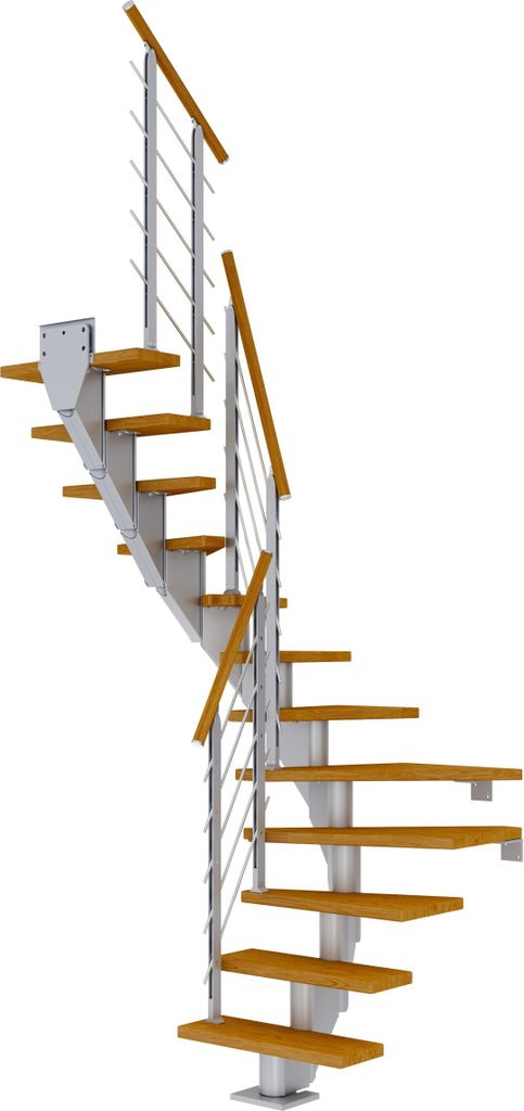 Dolle Mittelholmtreppe Frankfurt 1/2 gewendelt Eiche, geölt 75 cm breit für GH 259 – 301 cm UK Metall Perlgrau mit Geländer