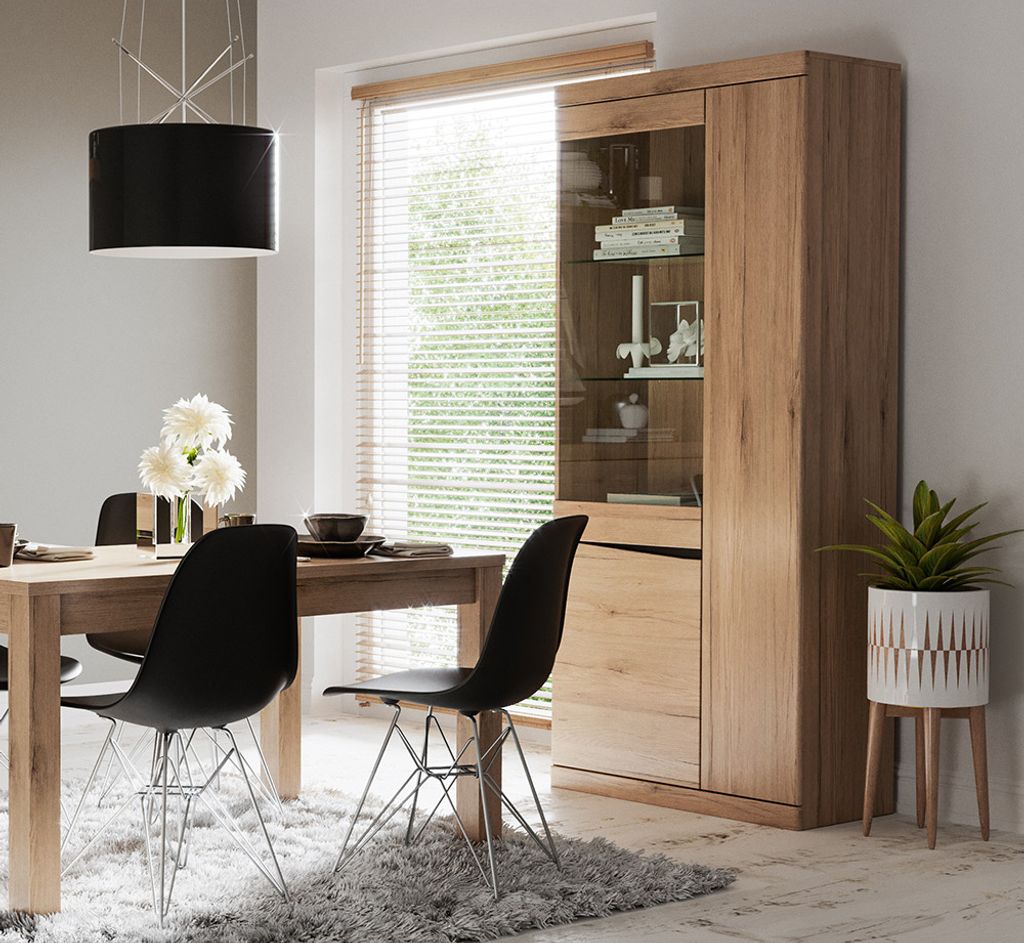 Esszimmer Set Ausziehtisch und Vitrinenschrank mit Beleuchtung SANFORD-129 in Eiche hell Nb.