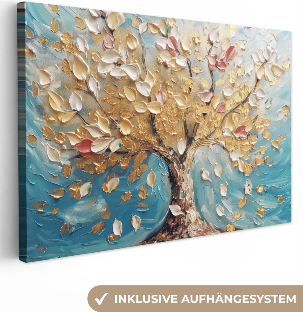 MuchoWow - Leinwandbilder - Baum - Blau - Gold - Abstrakt - Modern, Wandbild, Wanddeko Bilder Wohnzimmer, 90x60 cm