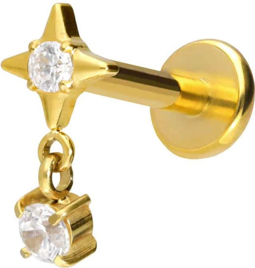 Ohrpiercing, Nasenpiercing Titan Labret mit Push Fit STERN + KRISTALL Gold Stablänge: 9mm | Stabstärke: 1,2mm