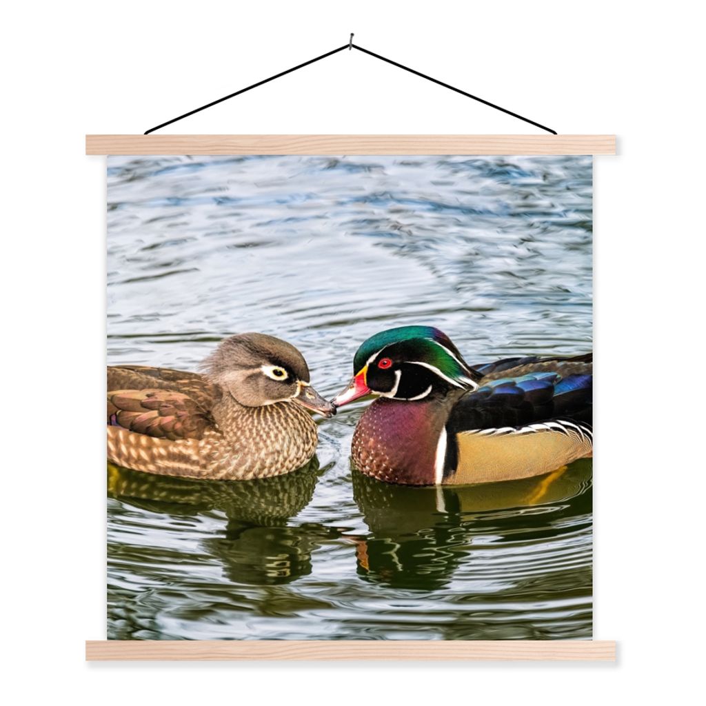 MuchoWow Textilposter Ente - Vögel - Wasser - Federn - Tiere 120x120 cm mit holzfarbenen Rahmen - Textil-Poster