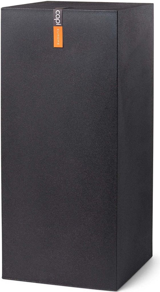 A tall, rectangular black planter with an orange tag attached to the top.