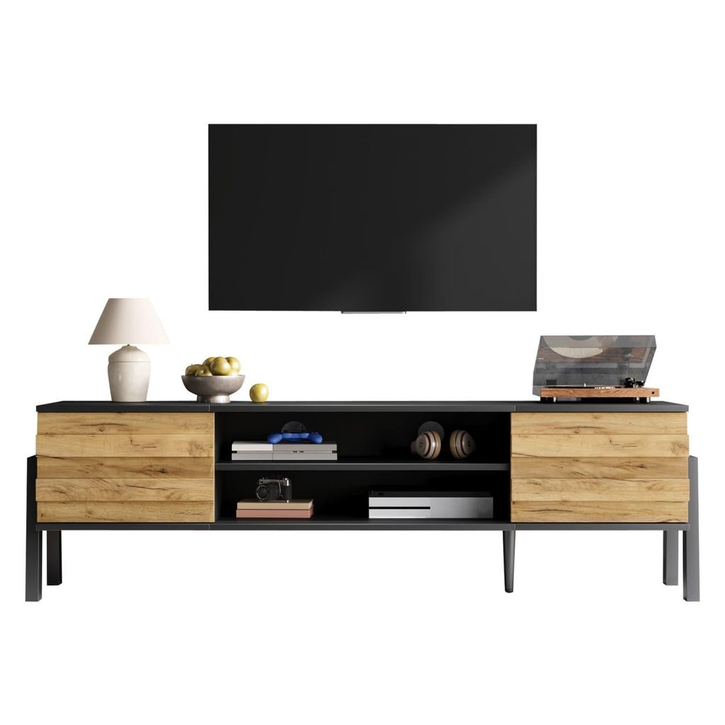 175*39.5*53cm TV-Schrank, Lowboard TV Board, TV-Konsole mit 2 Schränke und Offener Lagerraum, Fernsehtisch, TV-Ständer, Wohnzimmerschrank