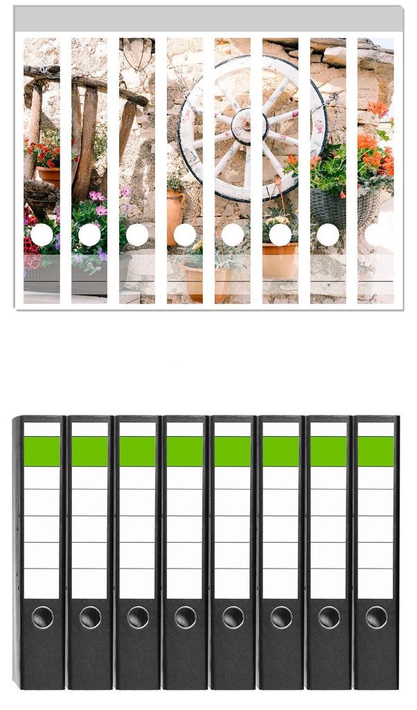 Wallario 8 Stück schmale Ordner inkl. Klebeetiketten mit Motive Wagenrad an Natursteinwand - Set mit Rückenschildern / Ordnerrücken Stickern