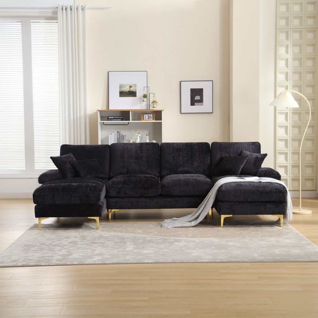 Abrihome Ecksofa U-Förmiges Sektionssofa Sofa für 4 Personen mit Liegefunktion, Chenille - Schwarz