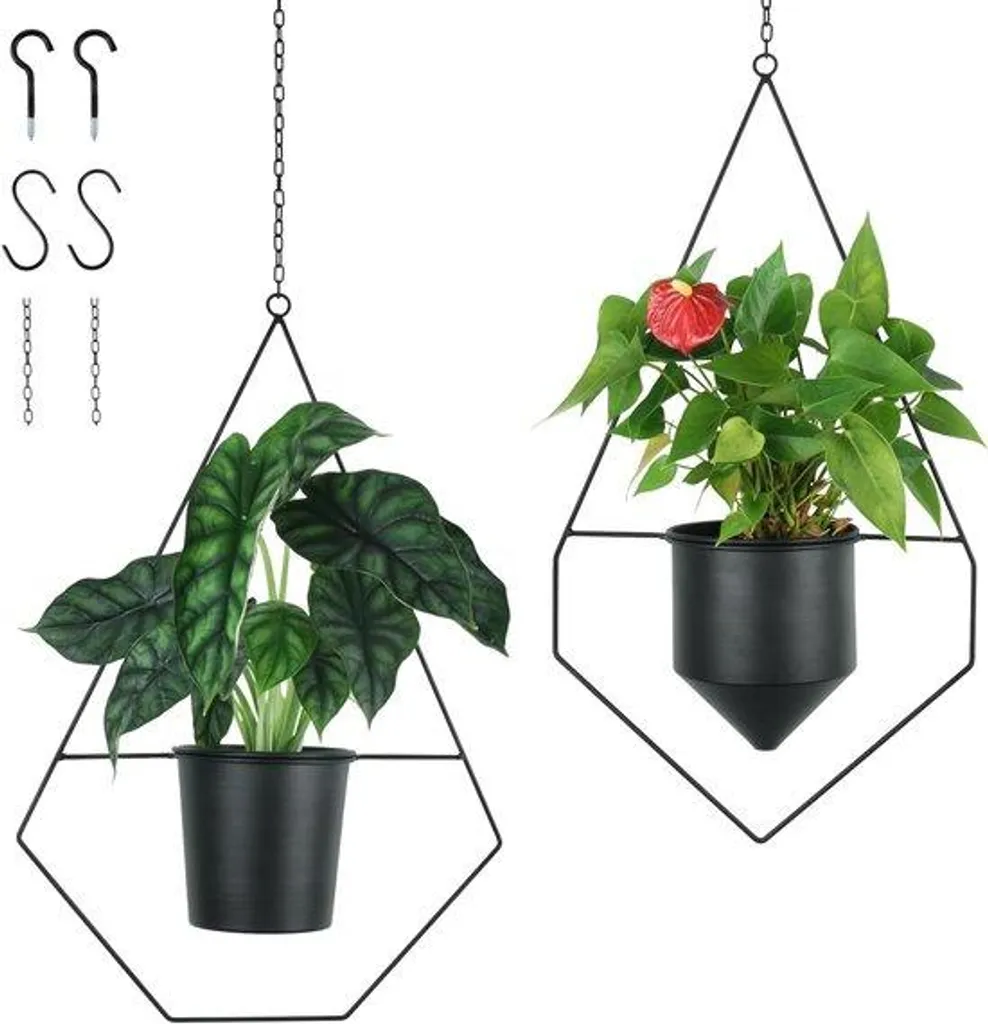 Lot de 2 jardinières suspendues en métal noir avec chaînes d'extension