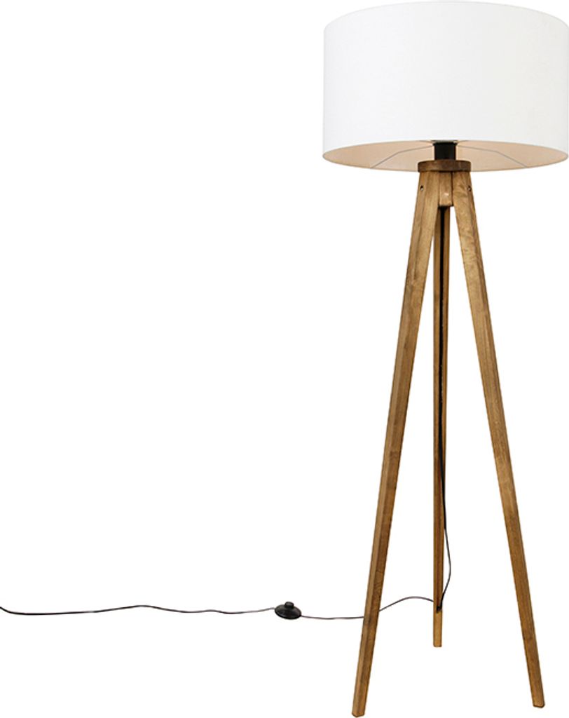 QAZQA - Landhaus I Vintage Ländliches Stativ Vintage Holz mit weißem Schirm 50 cm - Tripod I Dreifuß Lampe I Dreifuss Classic I Wohnzimmer I Sch...